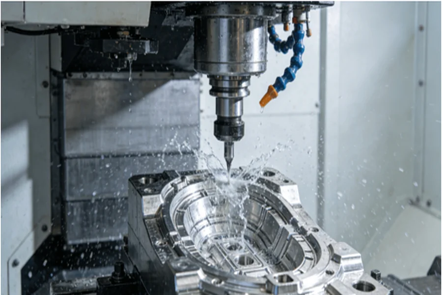 A 5-axis CNC milling machine precisely machining a complex aluminum aerospace component, demonstrating high-tolerance capabilities.