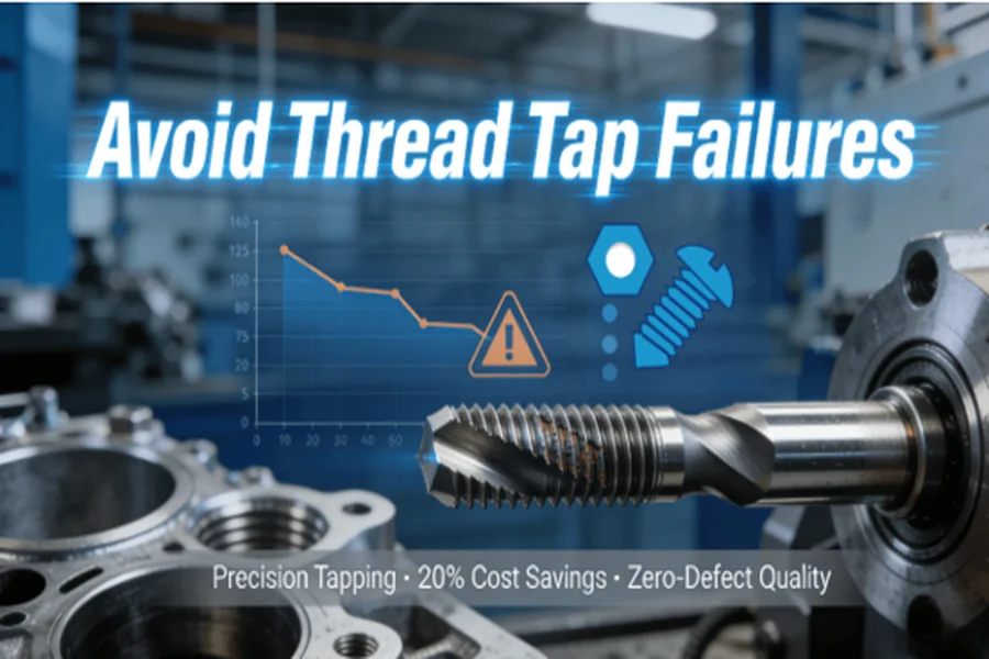Infographic showing precision thread tap in automotive manufacturing, highlighting solutions to reduce failures and save costs, with text on key benefits like 20% cost savings and quality improvement.